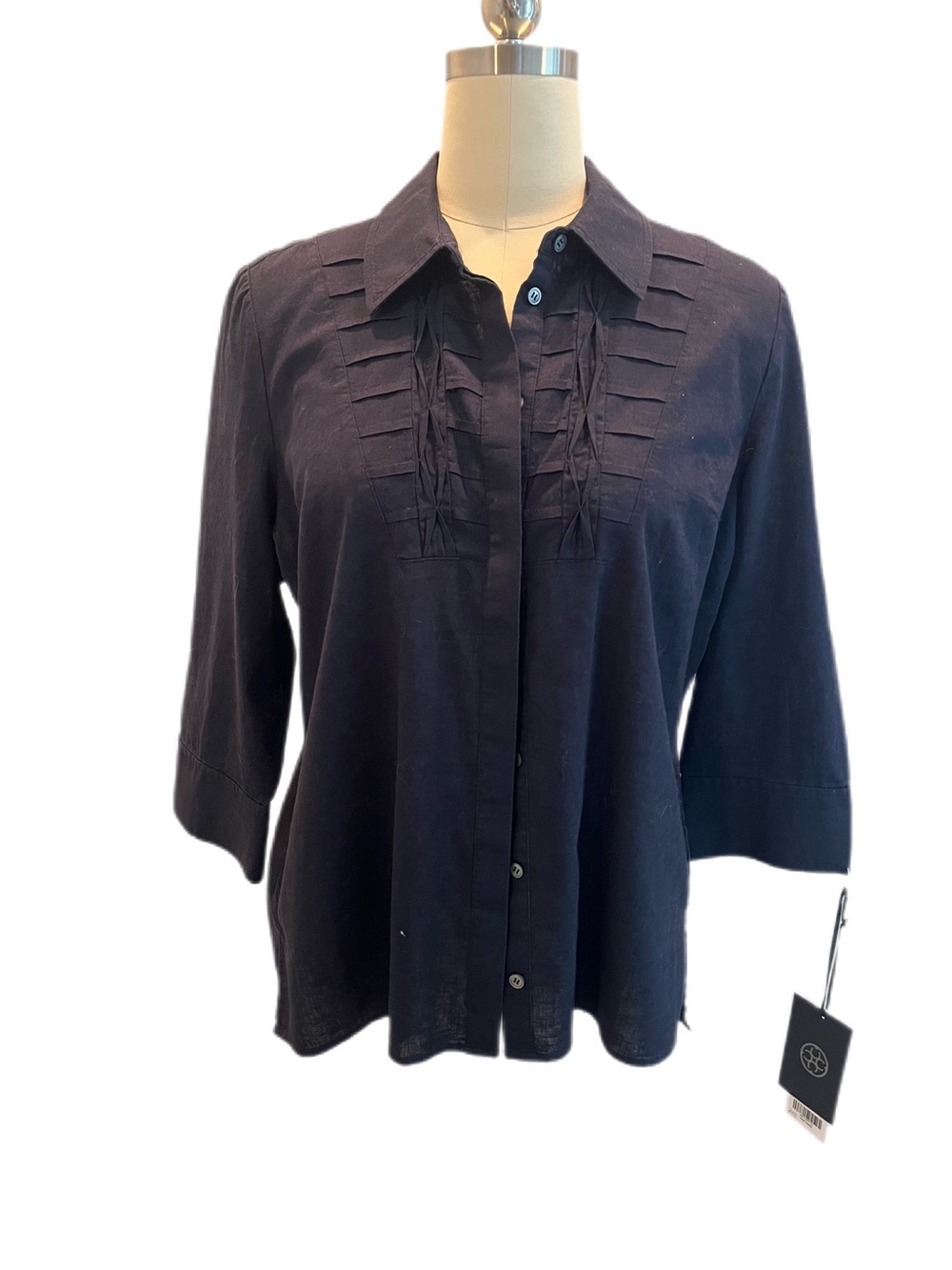 Carlisle Women's Navy Linen Blend Pleated Front Button-Up Top - NWT
